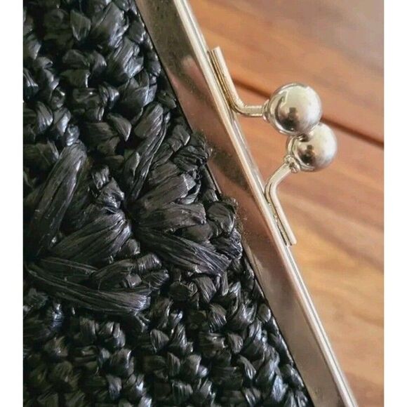 Trina Turk Woven Nylon Raffia Purse Black and Silver With Clear Handle - Picture 3 of 10